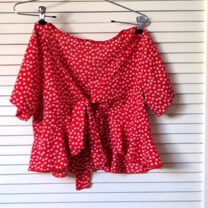 Red and Daisy chiffon Summer Blouse Tie Front Closure